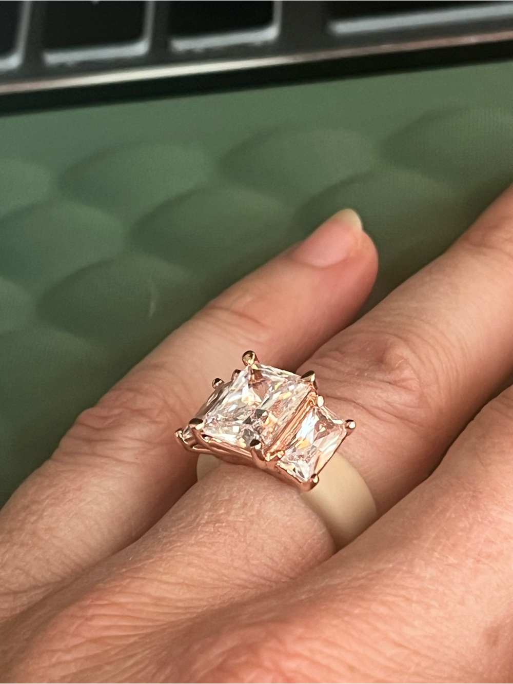 Three-Stone Emerald Cut CZ Crystal Silicone band Ring in Gold / tan size 4 - Picture 8 of 13